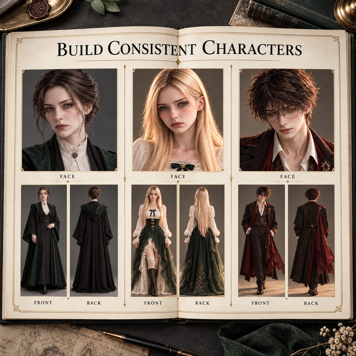 Character sheet framework showing consistent face, outfit, front, and back references