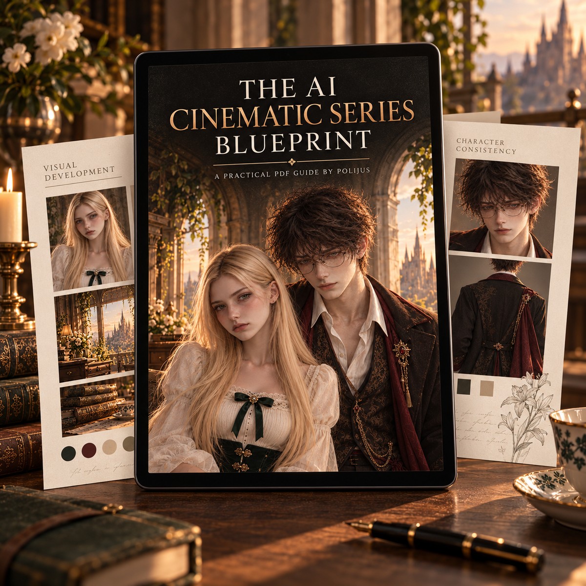 The AI Cinematic Series Blueprint cover and sample guide pages displayed in a dark editorial setting
